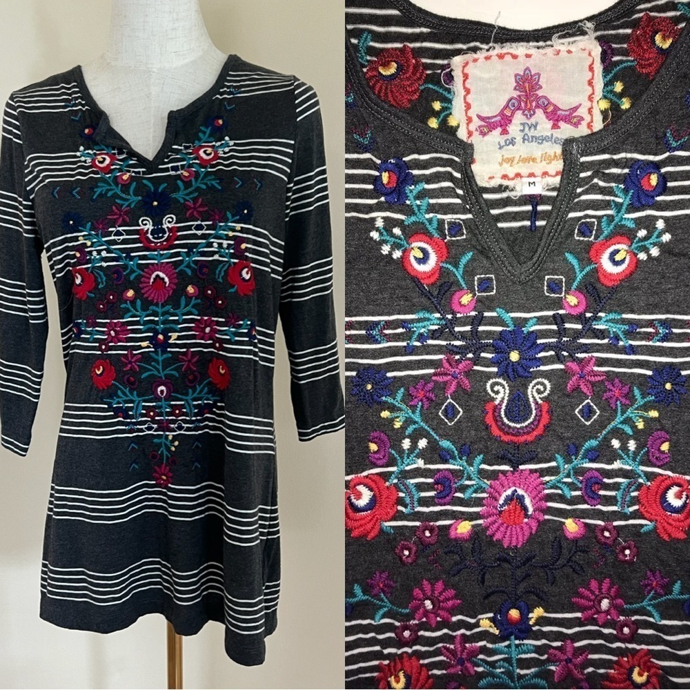 Johnny Was Embroidered Striped Long Sleeve Floral Shirt